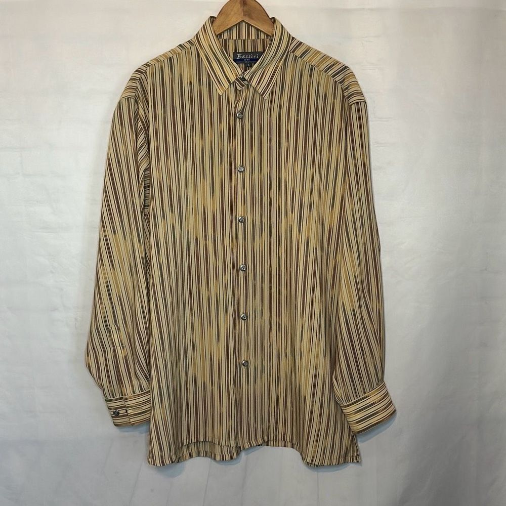 Bassiri Uomo Mens Yellow Brown Green Long Sleeve Button up shirt size L Large